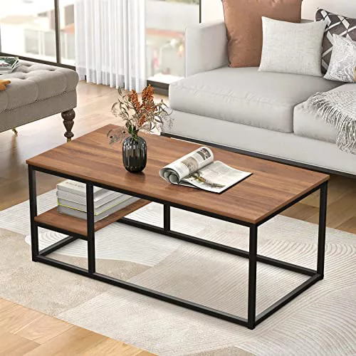 VOWNER Mesa de Centro de salón, Mesa de Centro con Estructura de Acero y estantes, diseño Industrial, Estilo escandinavo, fácil Montaje, Mesa de sofá de Madera, Mesa Auxiliar, Color Nuez