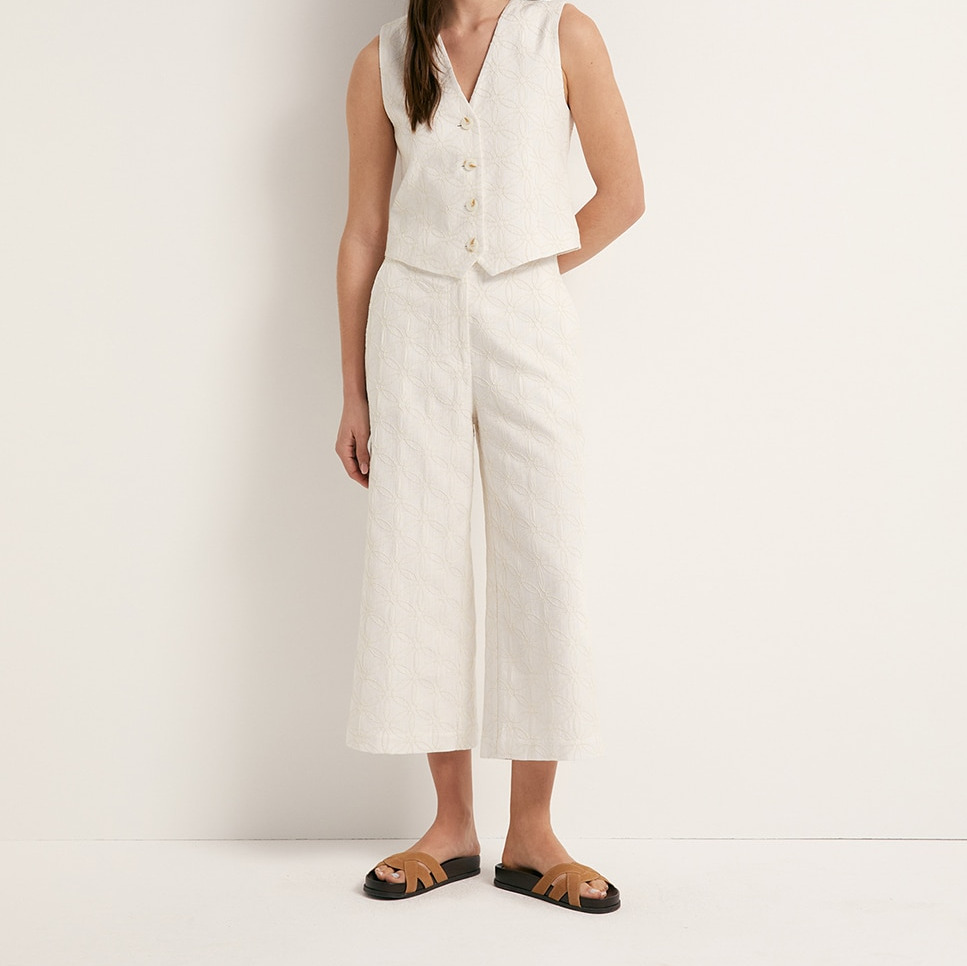 Pantalón lino bordado Blanco Sfera