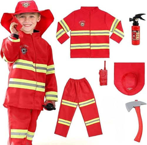 Fartoni Disfraz Bombero Niño. Disfraces De Bombero Infantil 3-4-5-6-7-8-9-10 Años- Chaqueta, Gorro, Pantalón, Accesorios. Disfraces De Bomberos Para Fiestas, Carnaval Y Halloween (5-7 Años 120cm)
