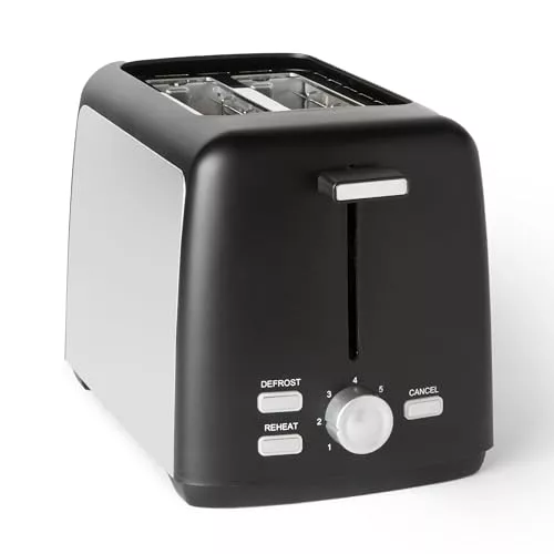 Amazon Basics Tostadora 2 Rebanadas con 7 Niveles de Tostado y Bandeja para Migas Extraíble, Ranuras Extra Anchas, 800W, Negro