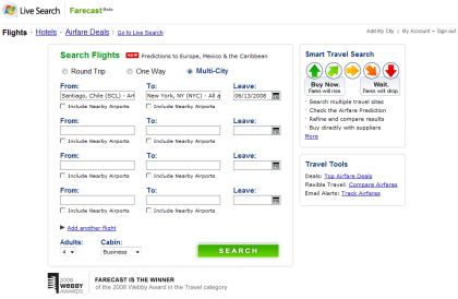 Live Search Farecast, buscador de vuelos y hoteles