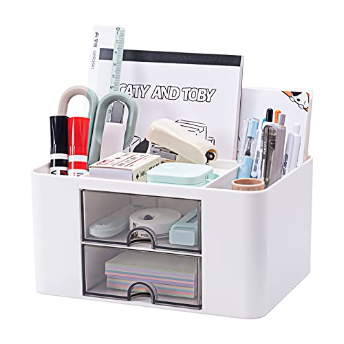 Organizador escritorio versátil con 5 compartimentos, 2 cajones y opciones de almacenamiento multifuncionales