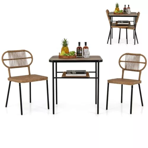 COSTWAY Conjunto Jardin Exterior de 3 Piezas, 2 Sillas de Ratán Apilables y Mesa de Comedor con Estante, Mesa y Sillas Jardin Terraza Balcon Interior Exterior