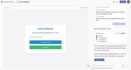 Interfaz de Firebase Studio en escritorio con la app ejecutándose a la izquierda y timeline a la derecha