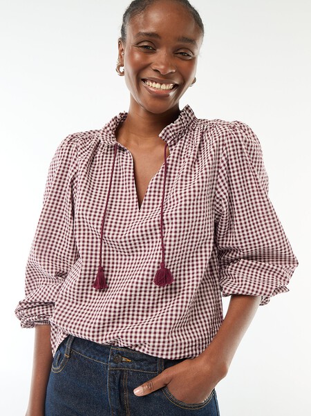 Blusa De Manga Larga Estampado De Cuadros Rosa Ers52 2 Hd1