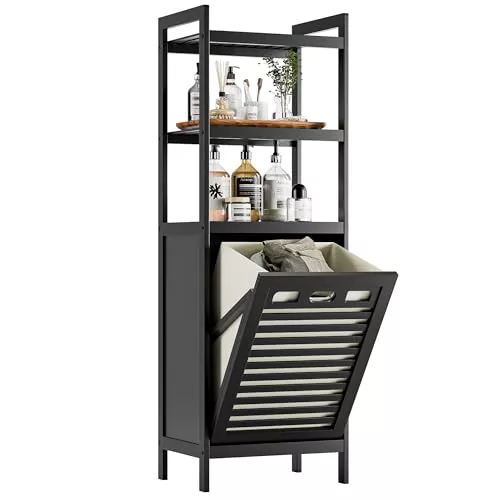 HITNET Mueble Ropa Sucia, Armario de Baño con 1 Cesta de Ropa Sucia y 3 estantes Abiertos