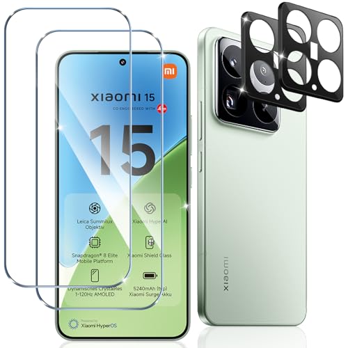 ivoler 2 Piezas Cristal Vidrio Templado Protector de Pantalla para Xiaomi 15, con 2 Piezas Protector de Lente de Cámara, 9H Dureza, Antiarañazos, Sin Burbujas