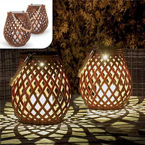 Gadgy Faroles Solares Exterior, Set de 2 Faroles de Ratán, Lámparas de Mesa LED Decorativas para Jardín, Balcón y Terraza - Decoración Jardín Exterior
