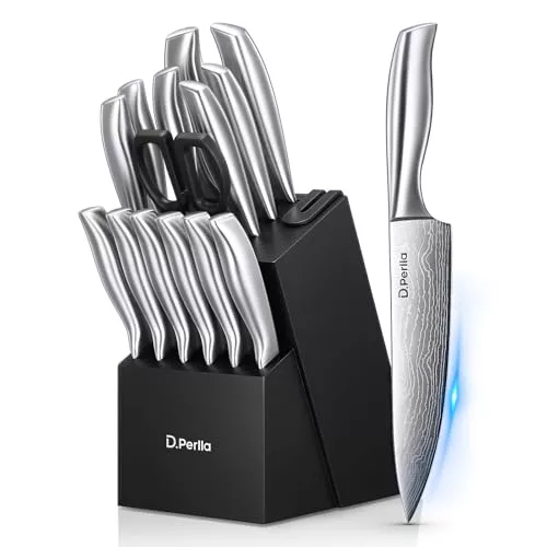 D.Perlla Juego de Cuchillos de Cocina 15 Piezas, Juego de Cuchillos de Cocina Profesional, Juego de Cuchillos de Cocina de Acero Inoxidable Ultraafilados, Hoja de Damasco Láser, Bloque Autoafilable