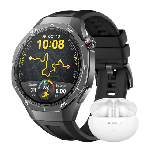 HUAWEI WATCH GT 5 Pro 46 mm Smartwatch, Silueta con Diseño Sofisticado, Deportes de Alto Nivel, Seguimiento de salud, ECG, 14 Días de Duración, GPS, Llamada, iOS y Android, Negro + FreeBuds 5i Blanco