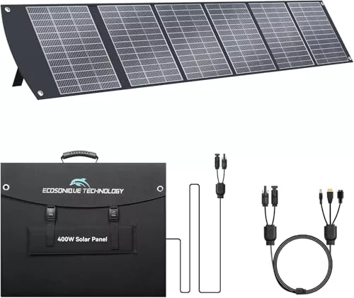 Ecosonique 400W Panel Solar Portátil MC4 40V para la Mayoría de Las Centrales Eléctricas, Solar Plegable Ligera con Soportes, Salida Múltiple para Generadores Solares, Camping y Uso en Exteriores