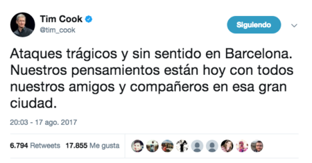 Tim Cook envía un mensaje de apoyo tras el atentado terrorista de Barcelona