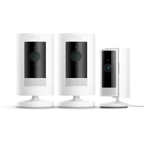 Ring Cámara exterior con batería Pack de 2 (Stick Up Cam) + Cámara interior (Indoor Camera, 2.ª gen.) de Amazon | Cámara de vigilancia wifi con comunicación bidireccional | Ring Protect 30 días gratis