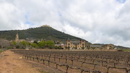 Villamayor de Monjardín, con el castillo en lo alto del cerro y la bodega Castillo de Monjardín y sus viñedos en primer plato. ©Francis Vaquero - Turismo de Navarra.