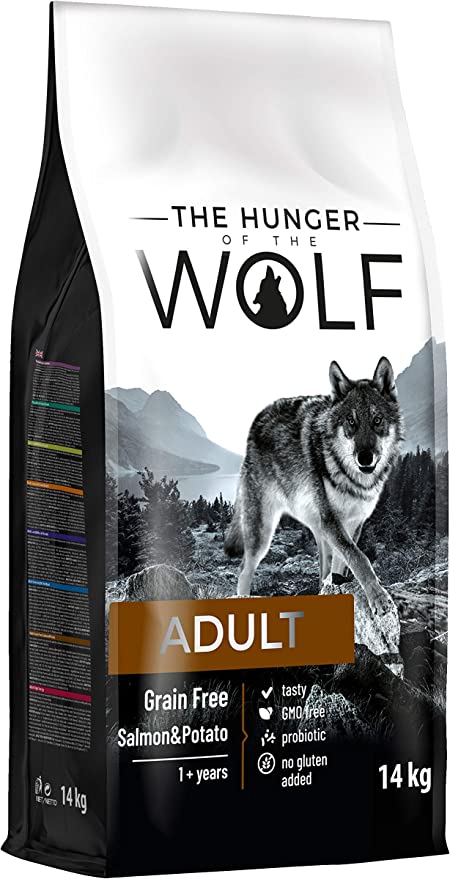 The Hunger of the Wolf Alimento seco para perros adultos y perros alérgicos, fórmula delicada sin cereales con salmón y patatas- 14 kg
