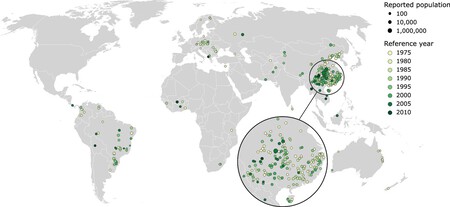 Mapa mostra localização das 307 áreas rurais analisadas no estudo. Constatou-se que as populações apresentadas no gráfico estavam subestimadas entre 53% e 84% | Universidade de Aalto