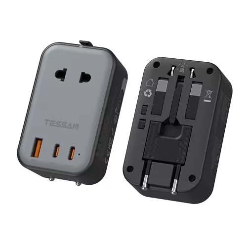 TESSAN Adaptador Enchufe Universal, Enchufe Universal Viaje Plano con 1 USB y 2 USB C, Adaptador de Viaje para USA, UK, Austuralia