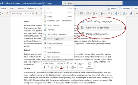 Las sugerencias de reescritura de Word adelantan a Google Docs: ahora permitirán reescribir frases completas para mejorarlas