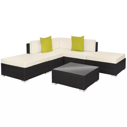 TecTake® Conjunto Jardín en Ratán y Aluminio con Cojines de 10 cm, Conjunto Terraza Resistente a la Intemperie, Muebles Jardín Exterior 3 Sillones, 1 Puf, 1 Mesa con Cristal, Fundas Extraíbles - Negro