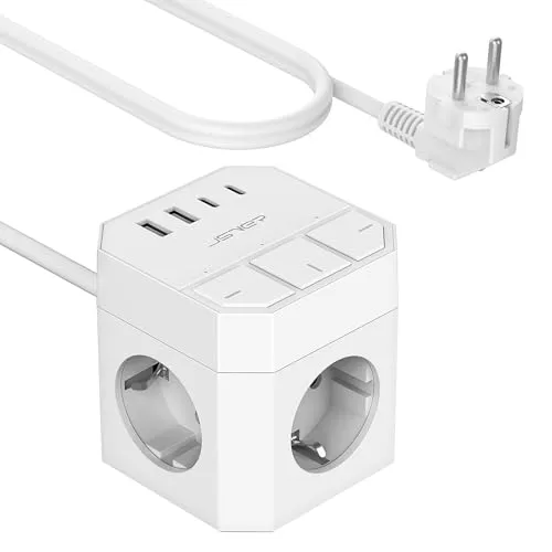 JSVER Cubo Enchufe con 3 Tomas y 4 Puertos de USB, 7 en 1 Cubo Regleta con Interruptor Individual Enchufe Alargador Multiple con 2 USB A& 2 USB C,Cable 2m-Blanco