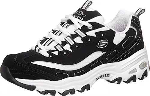 Skechers Mujer D'Lites Biggest Fan Trainers, Black Trubuck/White Mesh/ Silver Trim, 38 EU