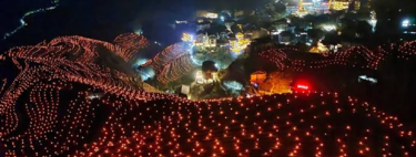 Show de luzes na China: as 10 mil lâmpadas que transformam os milenares terraços de arroz de Longji em cordões de pérolas brilhantes na noite 
