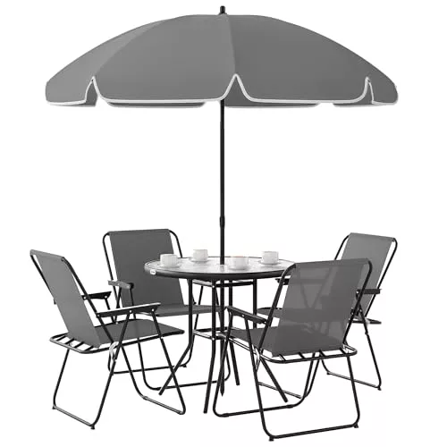 Outsunny Conjunto de Mesa y Sillas Jardín de 6 Piezas Muebles de Jardín Exterior con 4 Sillas Plegables Mesa de Vidrio y Sombrilla para Terraza Patio Gris
