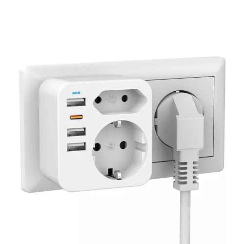Enchufe Doble para Enchufe, Enchufe múltiple con 1 Tipo C (PD 20 W, Carga rápida) y 3 USB, 2 enchufes múltiples para Adaptador de enchufes, Compatible con teléfono, Enchufe USB C (Blanco)
