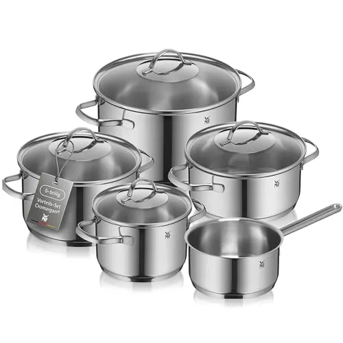 WMF Provence Plus - Batería de Cocina 5 Piezas, Acero Inoxidable Apto para Inducción, 1 Cacerola Baja de 20 cm, 3 Cacerolas Altas de 16 cm, 20 cm y 24 cm, 1 Cazo 16 cm con 4 Tapas de Cristal