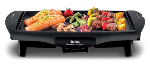 Tefal Compact,plancha de asar, fácil de lavar, sencillo almacenamiento, Antiadherente, Compatible lavavajillas, Superficie de cocción: 25 x 35 cm, 1800 W, Tamiz de agitación, Negro CB500512