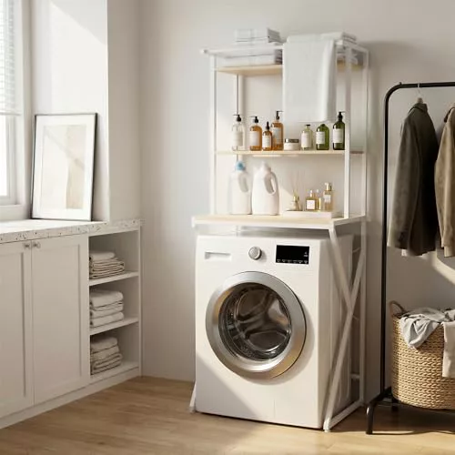 APICIZON Estantería para lavadora con toallero, estante para inodoro, 3 niveles, 67 × 40 × 165 cm, diseño de moda, para baño, cocina, balcón, natural y blanco