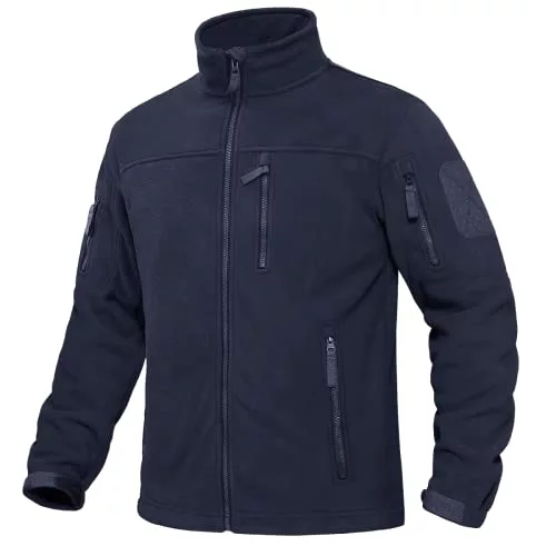KEFITEVD Chaqueta de forro polar para hombre, resistente al viento, con cremallera, abrigo táctico cálido con 6 bolsillos, azul marino, S