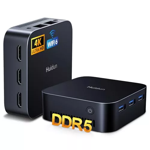 Huidun H20 Mini PC Ιntel Alder Lake N95 16GB LPDDR5 RAM (Tecnología Avanzada, 35% Mejor Que DDR4) 512GB SSD, WiFi 6/BT 5.2, 3xHDMI 4K, W-11 Pro, Doble LAN Mini Ordenador de Sobremesa para Negocios