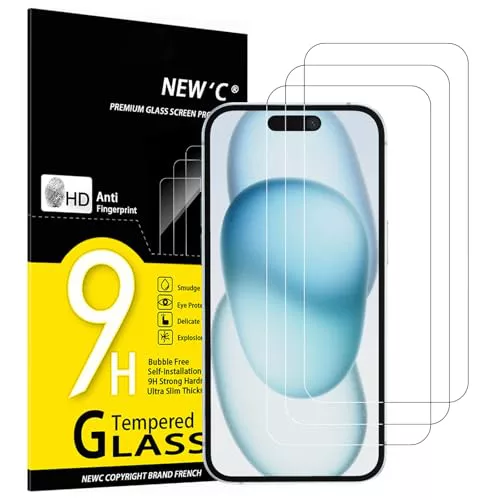 NEW'C 3 Piezas, Protector Pantalla para iPhone 16, iPhone 15, iPhone 15 Pro (6,1 Pulgadas), Cristal templado Antiarañazos, Sin Burbujas, Dureza 9H, 0.33 mm Ultra Transparente, Ultra Resistente
