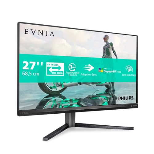 Philips Evnia 27M2N3800A - Monitor para Juegos Ultra HD de 27 Pulgadas, 160 Hz, 0,5 ms MPRT, HDR400, compatibilidad con G-Sync (2 HDMI 2.1, 1 DisplayPort 1.4, concentrador USB), Color Negro y Gris