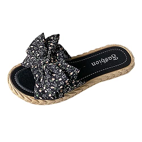 Sandalias de playa de verano para mujer, con lazo, sandalias de moda, suela suave, color sólido, puntera abierta, informales, cómodas, chanclas de cuerda, Black, 3.5 UK X-Narrow