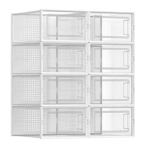 SONGMICS Cajas de Zapatos Plástico, Juego de 8 Organizadores de Almacenamiento, Caja Zapatero Plástico Plegable y Apilable para Zapatillas hasta Talla 44, Transparente y Blanco LSP08SWT