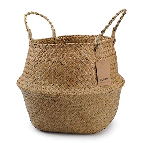 DOKOT Natural Seagrass Mimbre Cesta de Cesteria, Cestos para la Colada con Asa, Cesta Plegable para el Vientre Maceta, Decoracion para el Hogar Almacenar Juguetes, Ropa, Fruta o Plantas