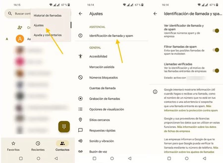 Capturas de pantalla mostrando los pasos a seguir para habilitar las funciones de Identificación de llamada y spam de Android