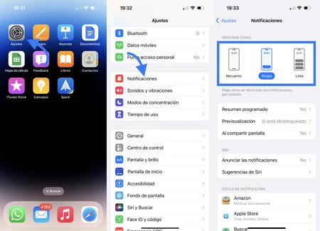 通知の表示を変更するために従うプロセスを説明する iOS 16 のスクリーンショット。