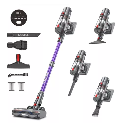 aujun J10 Aspiradora sin Cable 48Kpa/580W/70 Mins, Aspirador Escoba sin Cable Potente, 1.5L, Bajo Ruido, Aspirador Inalámbrico Antienredo para Suelos/Alfombras/Pelo de Animales