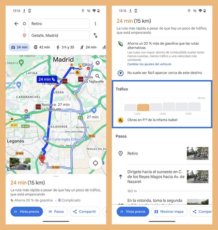 Capturas de pantalla mostrando los pasos a seguir para consultar el gráfico con la estimación del tráfico para las próximas horas