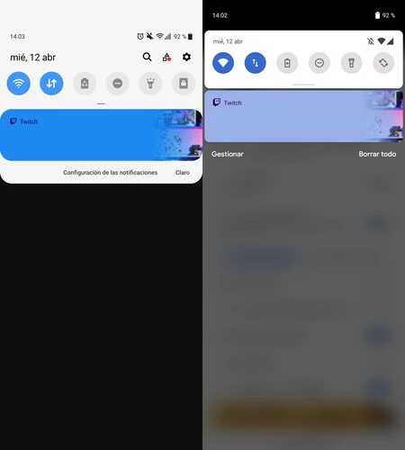 これらのアプリの通知とクイック設定は次のようになります。左側がOneShade、反対側がPower Shade