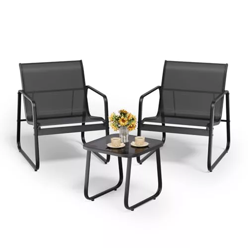 Bealife Conjunto de Jardín de 3 Piezas, 2 Sillones y Mesa con Cristal Templado