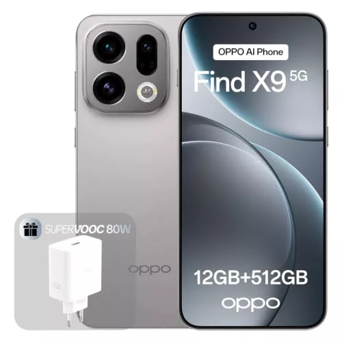 OPPO Find X9 5G 12+512GB, Smartphone liberado con IA, Pantalla ProXDR 6.59" 120Hz, Cámara Hasselblad de 50 MP, 4K Motion, 7025 mAh, IP69, Titanium Grey (Incluye Cargador SUPERVOOC 80W)
