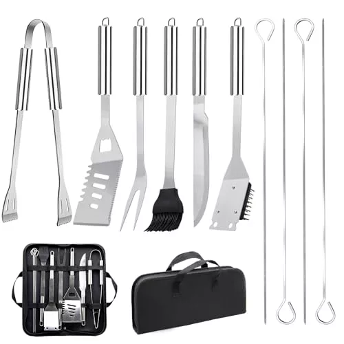 JUAUO 11Pcs Juego de Utensilios Barbacoa de Acero Inoxidable Profesionales Accesorios Barbacoas - Kit Barbacoa Prácticas con Bolsa Portatil - Herramientas Parrilla BBQ para Camping Picnic Exterior