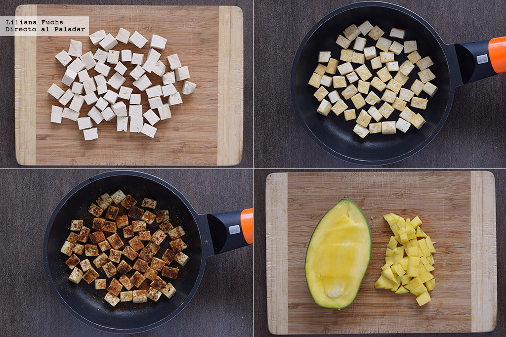 Tacos vegetarianos de tofu y mango. Receta de cocina fácil, sencilla y