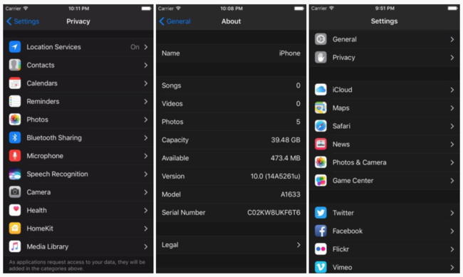 Modo oscuro en Ajustes de iOS 10
