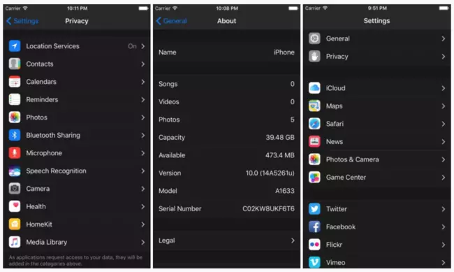 Modo oscuro en Ajustes de iOS 10
