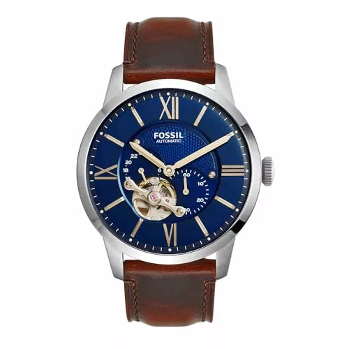 Fossil Reloj para hombre Townsman, movimiento mecánico automático, caja de 44mm de acero inoxidable plateado con correa de piel, ME3110